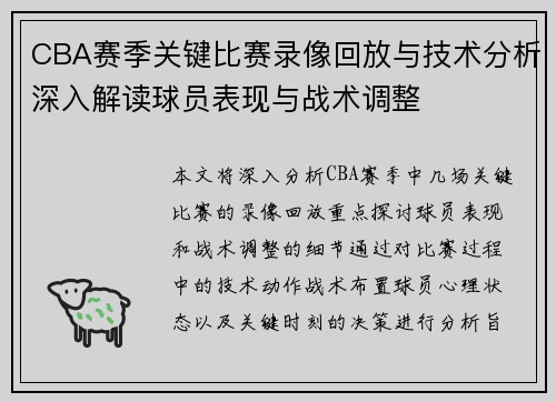 CBA赛季关键比赛录像回放与技术分析深入解读球员表现与战术调整