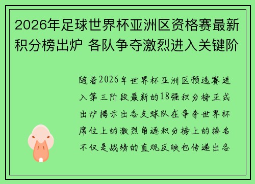 2026年足球世界杯亚洲区资格赛最新积分榜出炉 各队争夺激烈进入关键阶段