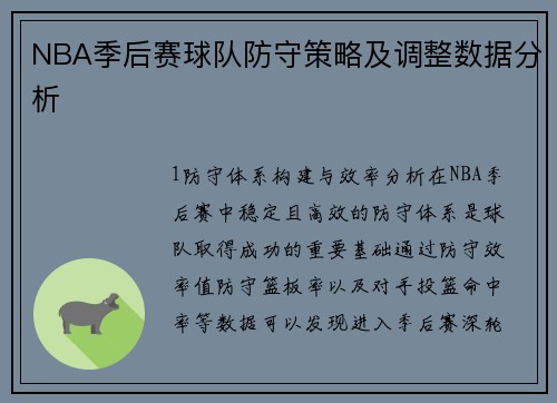 NBA季后赛球队防守策略及调整数据分析