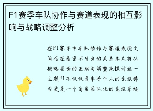 F1赛季车队协作与赛道表现的相互影响与战略调整分析